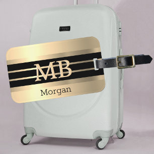 Etiqueta Para Maletas Monograma/Nombre de oro 3D, franjas de oro/negro,