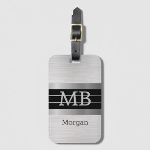 Etiqueta Para Maletas Monograma/Nombre DIY Bk/Rayas de Plata Cepillada P