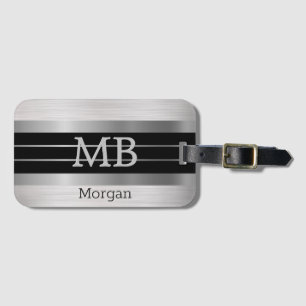 Etiqueta Para Maletas Monograma/Nombre DIY Bk/Rayas Plateadas Sobre Plat