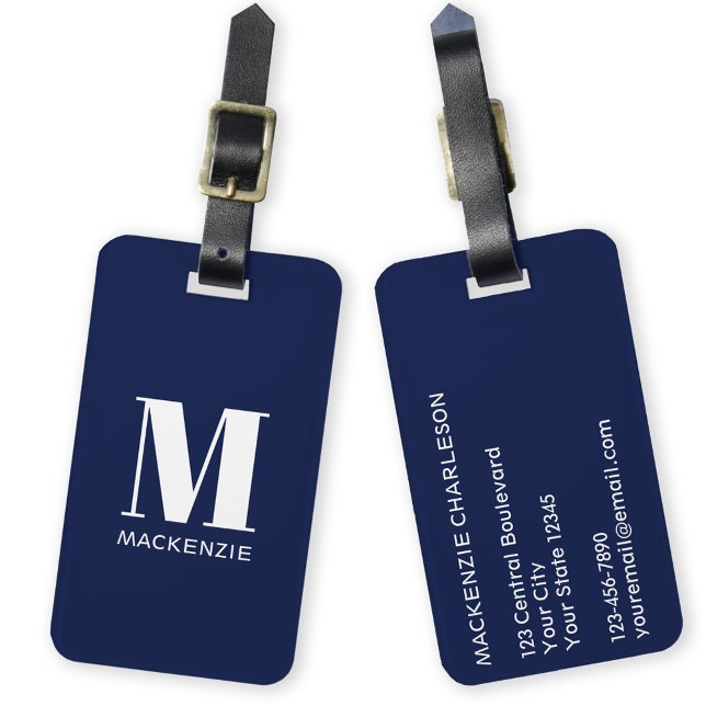 Etiqueta Para Maletas Monograma Nombre inicial Naval simple Azul (Monogram initial custom name modern personalized minimalist luggage tag)