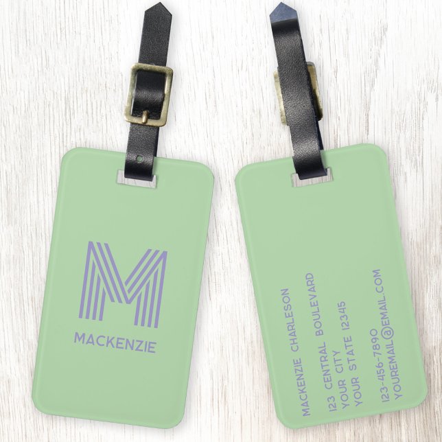 Etiqueta Para Maletas Monograma Nombre inicial Pistachio Lilac simple (Modern striped monogram initial custom name personalized luggage tag)