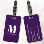 Etiqueta Para Maletas Monograma Nombre inicial Pluma simple púrpura<br><div class="desc">Diseño de nombre inicial en monograma minimalista de tipografía moderna en blanco sobre púrpura de ciruela oscura que se puede cambiar para personalizar.</div>