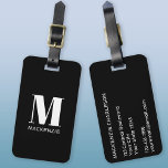 Etiqueta Para Maletas Monograma Nombre inicial simple<br><div class="desc">Moderna tipografía minimalista monograma diseño inicial de nombre en blanco sobre negro que se puede cambiar para personalizar.</div>