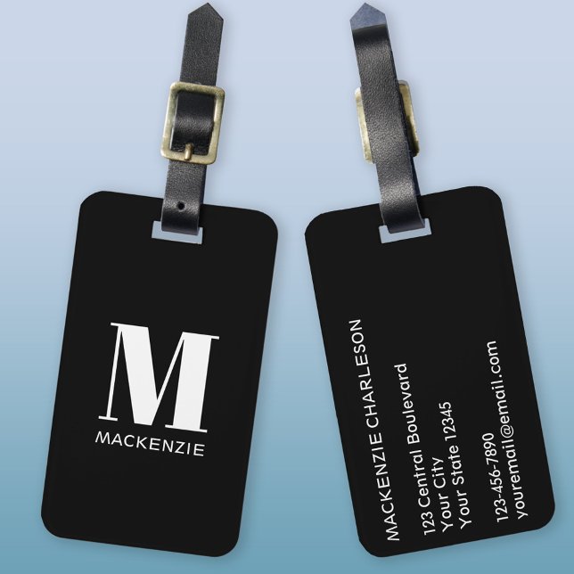 Etiqueta Para Maletas Monograma Nombre inicial simple (Simple monogram name personalized black and white luggage tag)