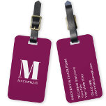 Etiqueta Para Maletas Monograma Nombre inicial Simple Borgoña Rosa<br><div class="desc">Moderna tipografía minimalista monograma diseño inicial de nombre en blanco sobre la joya profunda rosa burdeos,  que se puede cambiar para personalizar.</div>