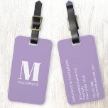 Etiqueta Para Maletas Monograma Nombre inicial simple Pastel Lilac<br><div class="desc">Moderna tipografía minimalista monograma diseño inicial de nombre en blanco sobre púrpura lila pastel que se puede cambiar para personalizar.</div>