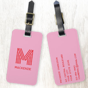 Etiqueta Para Maletas Monograma Nombre inicial simple rosa y rojo