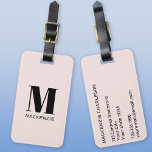 Etiqueta Para Maletas Monograma Nombre inicial Simple Rubor Rosa<br><div class="desc">Moderna tipografía minimalista monograma diseño inicial de nombre en negro sobre rosa ondulado que se puede cambiar para personalizar.</div>