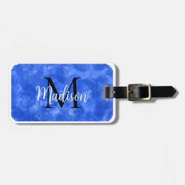 Etiqueta Para Maletas Monograma nombre personalizado inicial azul acuare (Frente Horizontal)