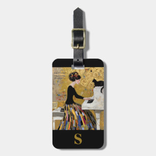 Etiqueta Para Maletas Monograma Oro Klimt Dama de Piano con Gato Negro