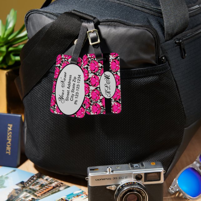 Etiqueta Para Maletas Monograma parisino de damasco rosa negro fucsia (Anverso & Reverso)