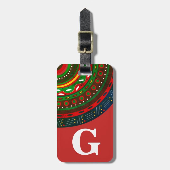 Etiqueta Para Maletas Monograma, patrón de inspiración tribal, rojo (Frente Vertical)