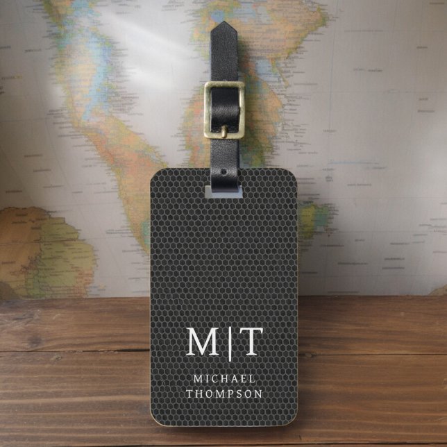 Etiqueta Para Maletas Monograma Patrón elegante metálico negro (Subido por el creador)