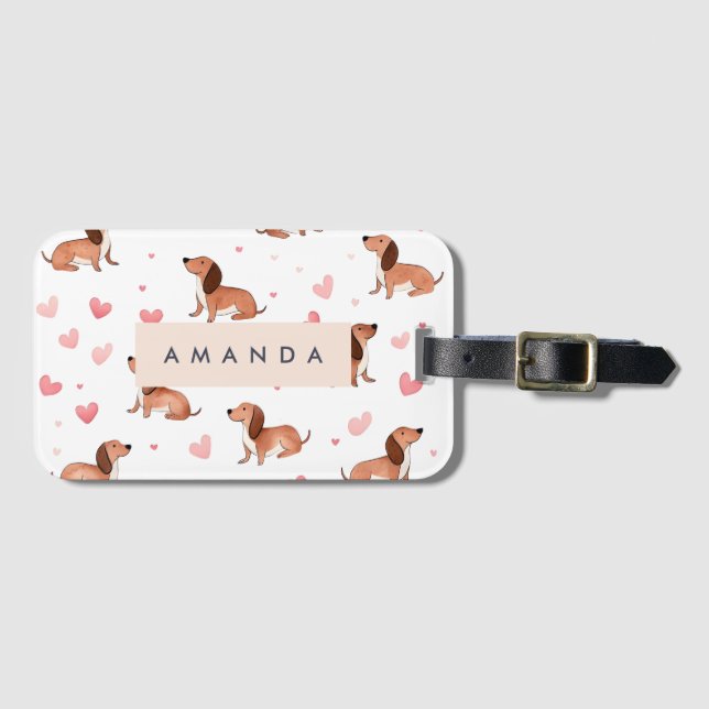 Etiqueta Para Maletas Monograma Perro Cute Dachshund Personalizado (Anverso horizontal)
