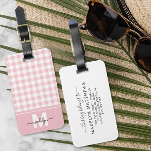 Etiqueta Para Maletas Monograma personalizada de gingham rosa