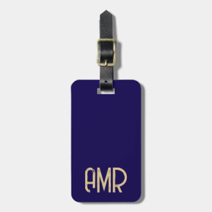 Etiqueta Para Maletas Monograma personalizado azul y dorado 