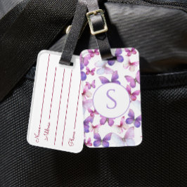 Etiqueta Para Maletas Monograma Personalizado de mariposas rosadas y púr
