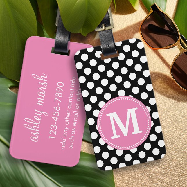 Etiqueta Para Maletas Monograma Personalizado de puntos de polka rosados (Custom Luggage Tag)