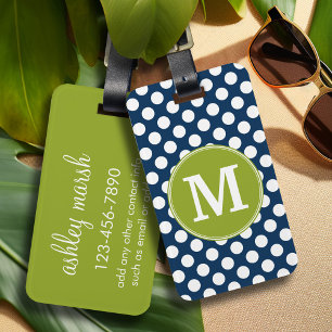 Etiqueta Para Maletas Monograma Personalizado de puntos de polka verde a