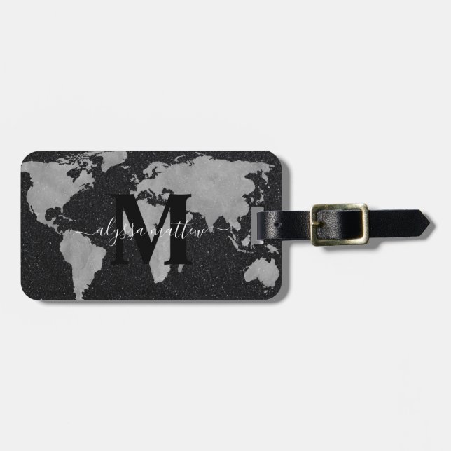Etiqueta Para Maletas Monograma Personalizado Mapa mundial Personalizado (Frente Horizontal)