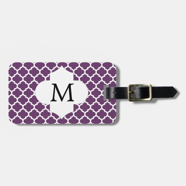 Etiqueta Para Maletas Monograma personalizado Quatrefoil Púrpura y Blanc (Frente Horizontal)