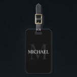 Etiqueta Para Maletas Monograma personalizado y nombre negro<br><div class="desc">Monograma y nombre personalizados Giftto presenta un nombre personalizado en blanco y monogramo en gris como fondo,  en estilo clásico de fuente serif,  en fondo negro.

Perfecto como regalo de vacaciones,  regalo del día del padre,  gracias a los padrinos y regalo para cualquier ocasión especial.</div>