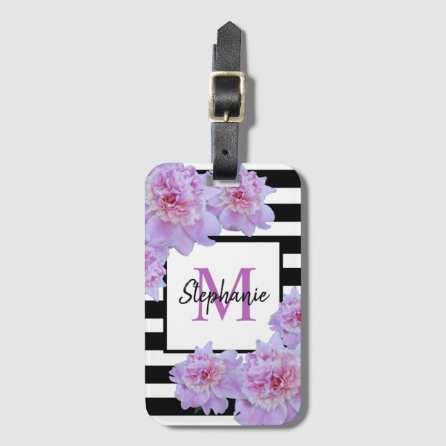 Etiqueta Para Maletas Monograma Pink Peony Flower Black Striple Purple (Anverso vertical)