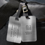 Etiqueta Para Maletas Monograma plateado Gris Cepillado metálico<br><div class="desc">Etiqueta de equipaje metálico cepillado de color gris plateado monograma</div>