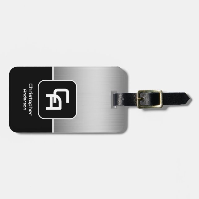 Etiqueta Para Maletas Monograma plateado metálico (Frente Horizontal)