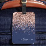 Etiqueta Para Maletas Monograma Purpurina azul de la marina de oro rosa<br><div class="desc">Oro Rosa - Etiqueta de la bolsa de equipaje del Purpurina de espuma azul Rubor rosa y marina. Esto hace que el dulce perfecto cumpleaños 16,  boda,  ducha de novia,  ducha de bebé o fiesta de soltera sea regalo para alguien que decora su habitación con estilo.</div>