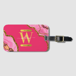 Etiqueta Para Maletas Monograma Purpurina de Geode de Agate Rosado y Oro