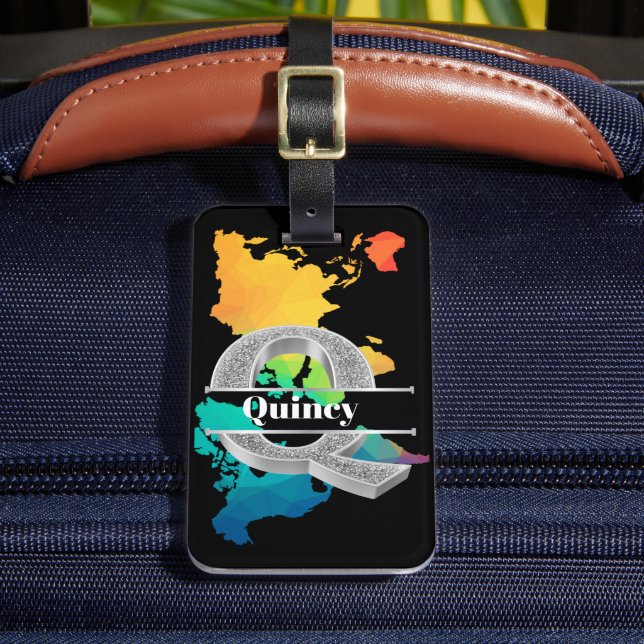 Etiqueta Para Maletas Monograma Q inicial plateado personalizado Su nomb (Anverso In situ 2)