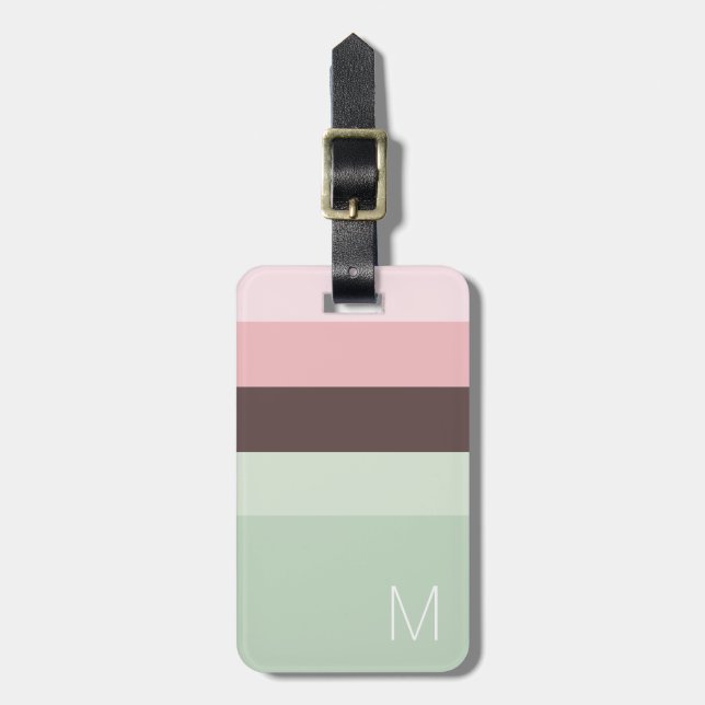 Etiqueta Para Maletas Monograma rayado rosa, verde y marrón (Frente Vertical)