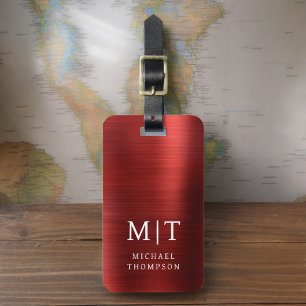 Etiqueta Para Maletas Monograma Rojo cepillado metálico elegante