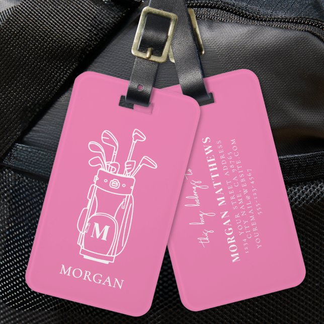 Etiqueta Para Maletas Monograma Rosa de Golf (Pink Monogram Golf Bag Luggage Tag)