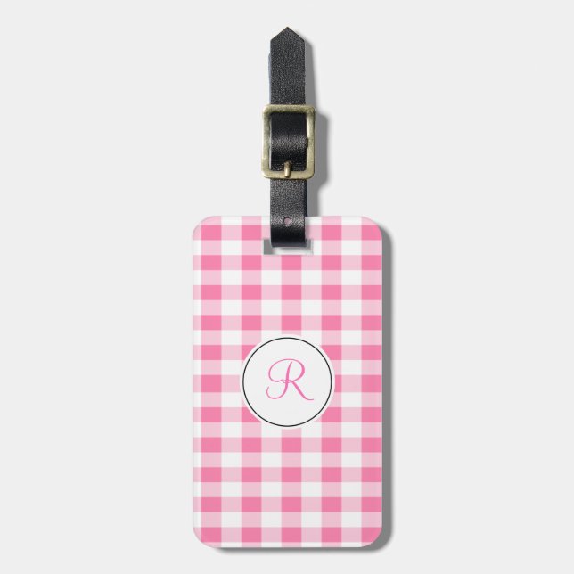 Etiqueta Para Maletas Monograma Rosa Gingham (Frente Vertical)