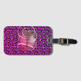 Etiqueta Para Maletas Monograma rosa y púrpura de leopardo de las lunas