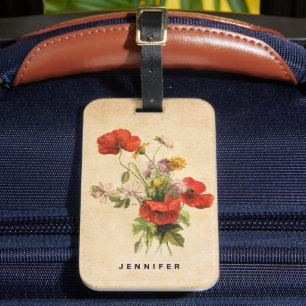 Etiqueta Para Maletas Monograma Rústico Vintage Bouquet Rojo Poppies Bei