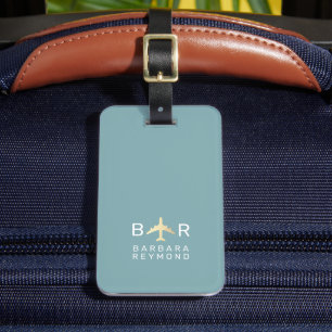 Etiqueta Para Maletas Monograma Simple Avión Viajes Azul