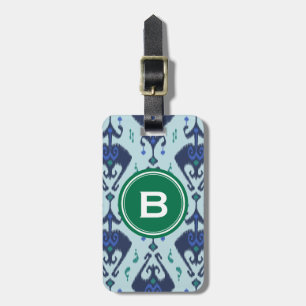 Etiqueta Para Maletas Monograma tribal del modelo del ikat azulverde mod