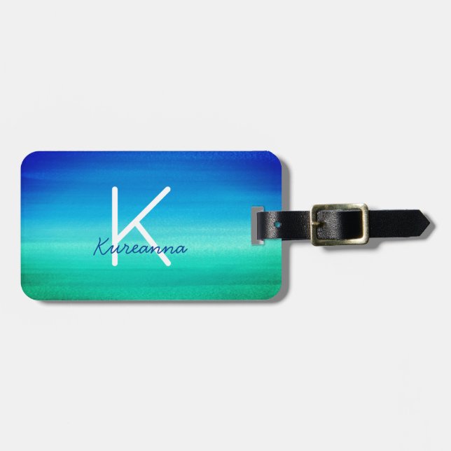 Etiqueta Para Maletas Monograma tropical Neon Beach Verde Azul (Frente Horizontal)