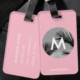 Etiqueta Para Maletas Monograma Tropical Personalizado   Rosa Pálido
