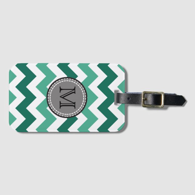 Etiqueta Para Maletas Monograma Turquesa y Mint Chevron Zigzag (Anverso horizontal)