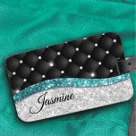 Etiqueta Para Maletas Monograma verde azulado negro de moda faux purpuri<br><div class="desc">moda de bonito y elegante purpurina de agua turquesa y burguesa de color turquesa plateado y diamantes de imitación con diseño de chapa negra para crear un funda especial y elegante para proteger su equipo. Hermosa, moderna y fresca cubierta para el martiritero de moda y amante del arte. Este elegante...</div>