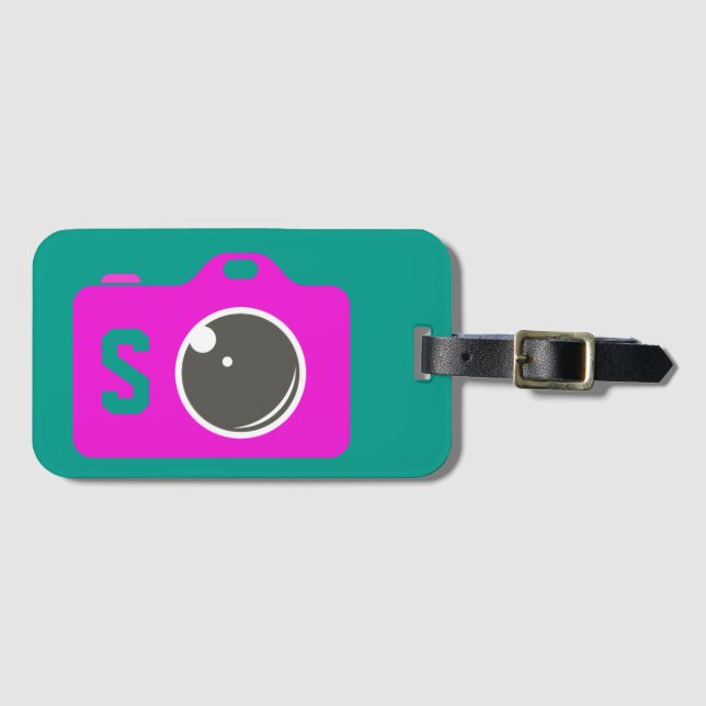 Etiqueta Para Maletas Monograma verde de cámara púrpura pop Art (Anverso horizontal)