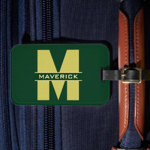 Etiqueta Para Maletas Monograma Verde Oscuro y Amarillo Nombre Masculina