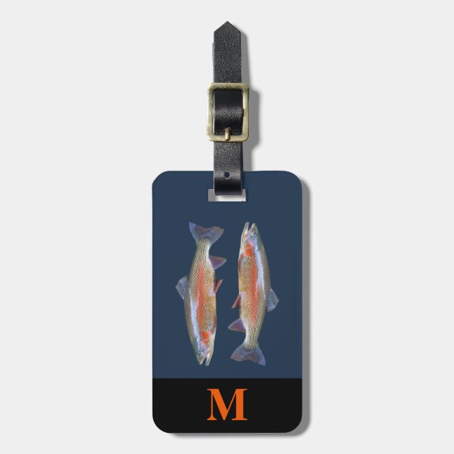Etiqueta Para Maletas Monograma Viaje Gris Naranja Río Trucha Pescado (Frente Vertical)