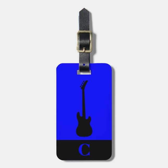Etiqueta Para Maletas Monograma Viaje Música Electric Bass Guitar Blue (Frente Vertical)