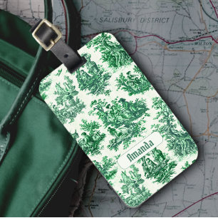 Etiqueta Para Maletas Monograma vintage de tela verde floral jouy