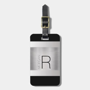 Etiqueta Para Maletas Monograma y nombre, texto gris negro, plata escobi